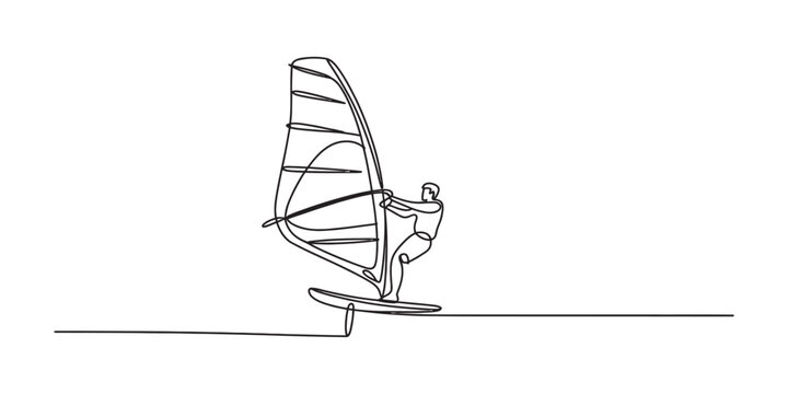 Continuous single line drawing of a person windsurfing on a board with a sail across the ocean waves showing active water sports hobby and summer lifestyle Vector, illustration