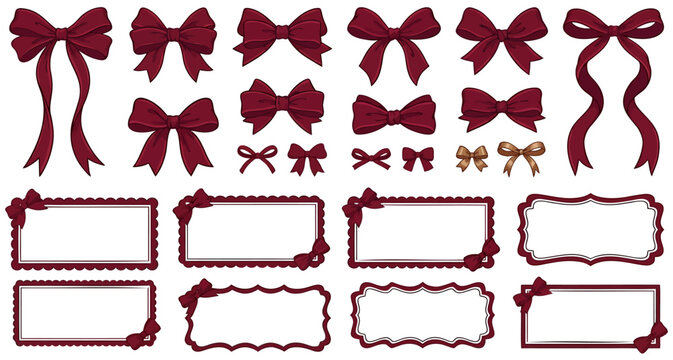 Collection of Decorative Burgundy Ribbons and Ornate Frames for Design