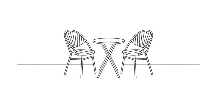 Simple line art drawing of a round cafe table with two chairs for outdoor seating area furniture design concept for home interior and exterior decoration Vector, illustration