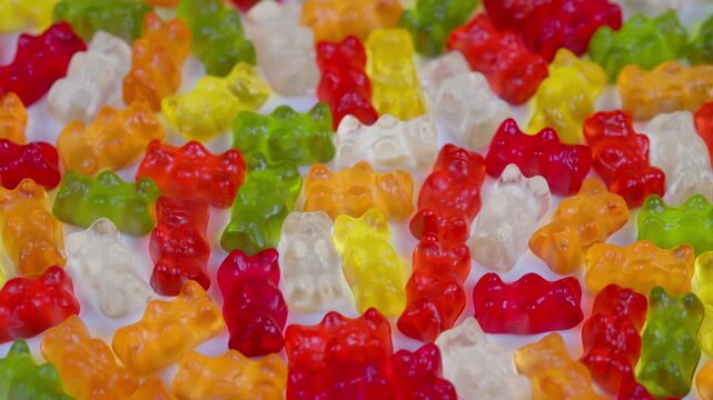 Colorful candy display. Closeup of multicolored gummy bears with glossy shine. Lively macro image showcasing vibrant gummy bears highlighted by studio lighting effects