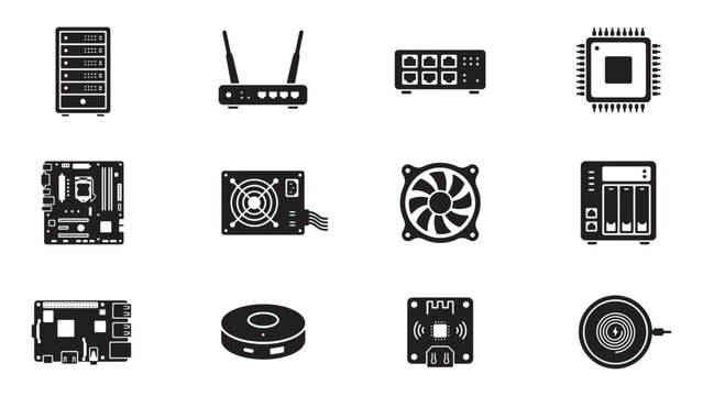 Computer Hardware and Network Component Icon Set with Server Router Motherboard GPU and Circuit Board Symbols for Vector Illustration