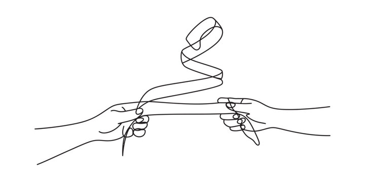 Two hands holding a thin ribbon or string creating a playful swirling line art illustration for creative design projects and simple minimalist artistic concepts Vector, illustration