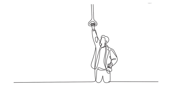 Continuous single line drawing of a man standing in a train or bus holding onto a handrail handle grip for balance during his daily commute to work today Vector, illustration