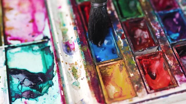 lose up of paintbrush dipping into blue watercolor paint pan.