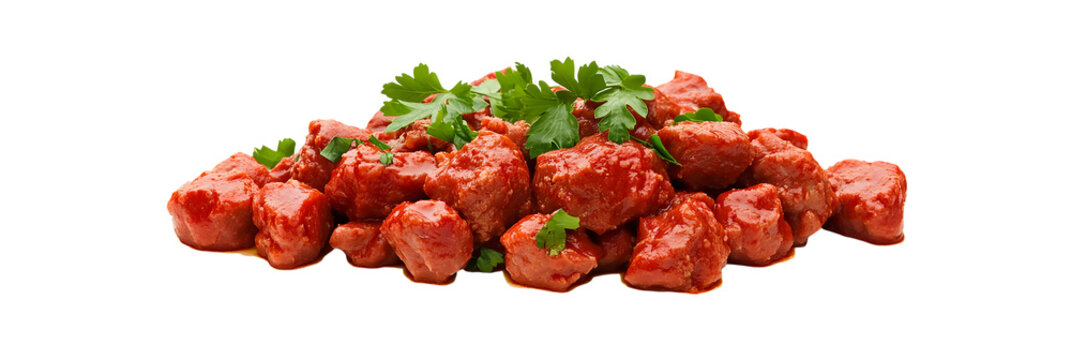 Tender beef goulash chunks in bright tomato sauce