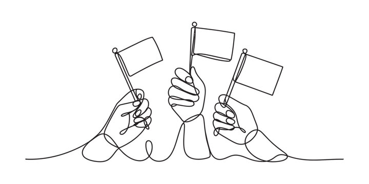 Continuous single line drawing of three hands holding small blank flags together representing unity teamwork cooperation and success in a simple minimalist style Vector, illustration