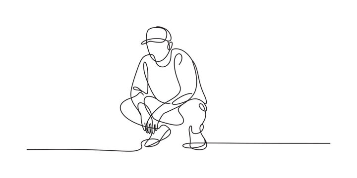 A single continuous line drawing of a young man wearing a baseball cap crouching down on the ground in a casual pose for a minimalist graphic art design style Vector, illustration