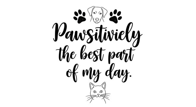 Pawsitively the best part of my day typography design with cute dog and cat line art illustrations