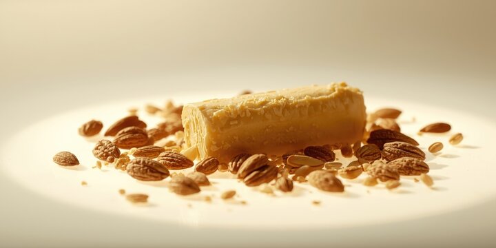 Unrefined shea butter with variety of nuts on a glowing bright background