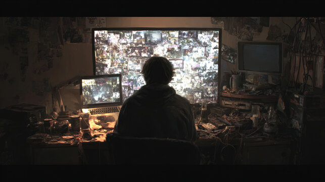 Dark hacker silhouette sitting at computer desk surrounded by screens and investigation materials at night