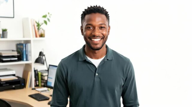 Smiling man stands in a bright, clean office. He wears a dark green polo shirt. Office shelves hold books and plants. Lighting highlights his friendly expression