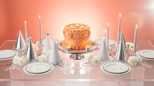 Elegant tiered cake centerpiece with silver candles on a reflect