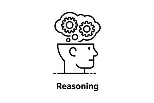Human head profile silhouette with gears inside a thought bubble representing logical thinking and reasoning