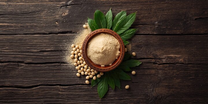 Rustic style dark wooden surface showing wooden bowl of soybean isolate powder along with soybeans and green leaves