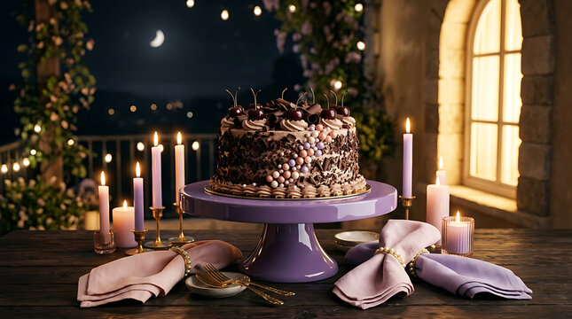Elegant layered cake with candles on a rustic wooden table