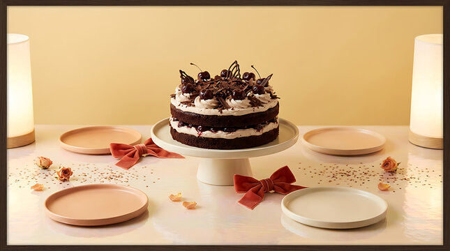 Elegant tiered cake presentation with pink and white dessert pla