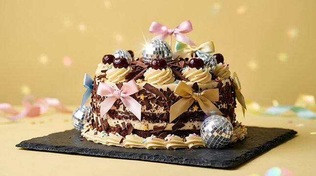 Multi-tiered birthday cake decorated with white frosting and sil