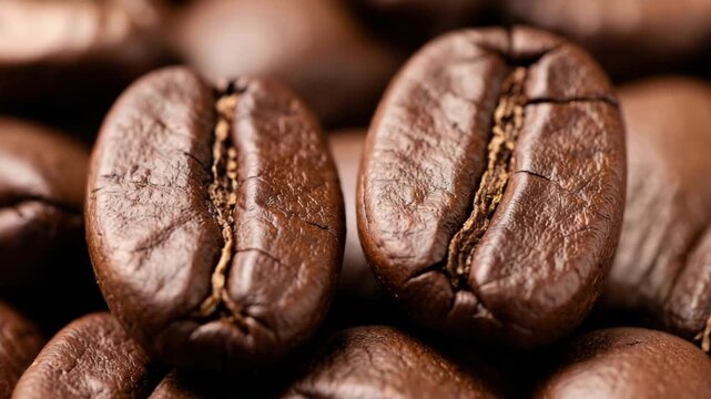 Rich, roasted coffee beans in close-up view. Deep brown hues with natural creases visible. Texture and detail emphasized in shallow depth of field. Perfect for food, beverage, or lifestyle imagery