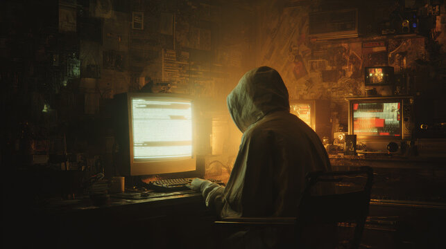 Anonymous hooded hacker sitting at retro CRT computer monitor in dark cluttered underground room