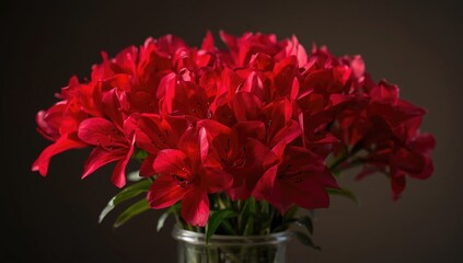 Fototapeta premium Bright red lilies in a clear glass vase