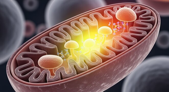 Mitochondrion, a vital cellular organelle performing energy metabolism, featuring a complex inner membrane fold, generating adenosine triphosphate molecule, crucial for biological function.