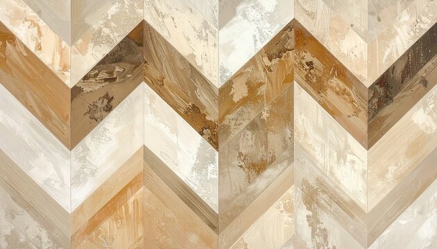 Abstract chevron pattern background with rustic wood and stone textures in neutral earth tones for modern interior design and wall decor.