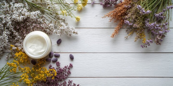 Rustic white wooden background with herbal cream and mixed wildflowers for skincare themes