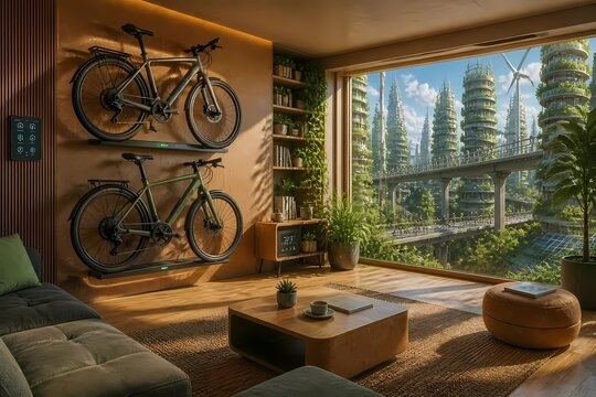 Modern futuristic apartment interior with bicycles mounted on wall, large window with view of eco friendly green city skyscrapers