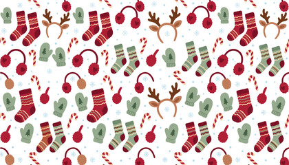 Christmas winter cozy clothing seamless pattern vector background. Socks, mittens, earmuffs, candy canes, reindeer headbands, snowflakes and holiday accessories. © Creative Studio 