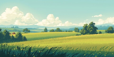 Obraz premium Green fields under a blue sky with fluffy clouds