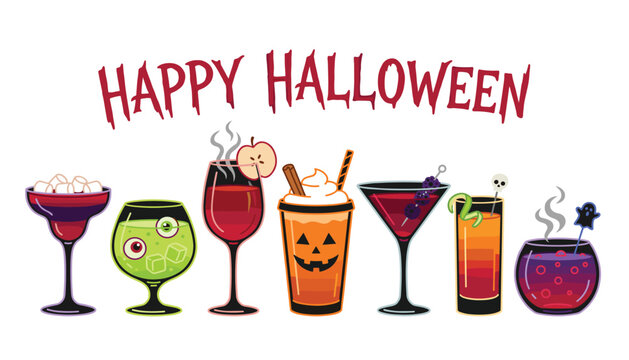 Happy Halloween spooky cocktails and festive drinks vector illustration. Pumpkin spice latte, green eyeball martini, bloody wine, poison punch and garnishes.