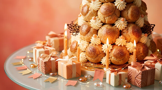 Festive tiered cookie dessert display with candles and gift wrap