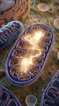 Mitochondrion creating cellular energy, displaying biological respiration, intricate internal cristae forming adenosine triphosphate synthesis, dynamic power generation activity.