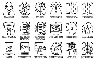 Fototapeta premium Cyber Security and Digital Protection Thin Line Icons Set