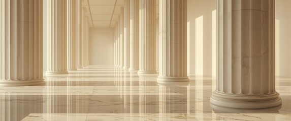 Naklejka premium Illuminated corridor with tall white columns basking in warm sunlight