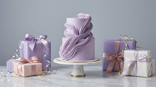 Elegant pastel gift presentation with tiered cake on marble surf