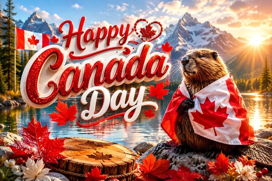 Happy canada day with a beaver wearing a canadian flag cape in a scenic mountain lake landscape