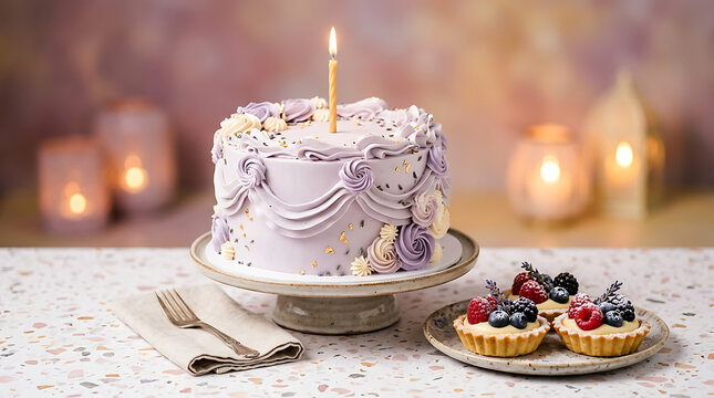 Elegant tiered wedding cake with lavender frosting and warm cand