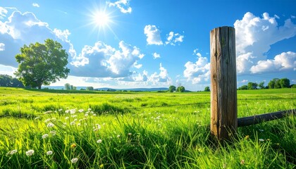 Fototapeta premium A bright sunny day in a vibrant green meadow featuring a lone tree and a rustic wooden fence under a clear blue sky with fluffy white clouds.