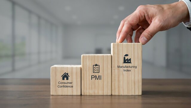 Hand stacking wooden blocks labeled with economic indicators