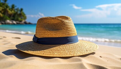 Obraz premium A stylish straw hat resting on the soft golden sand of a tropical beach with beautiful ocean waves and clear blue sky on a sunny summer day.