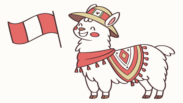 Cute cartoon llama wearing traditional peruvian clothing and waving peru flag isolated on light background