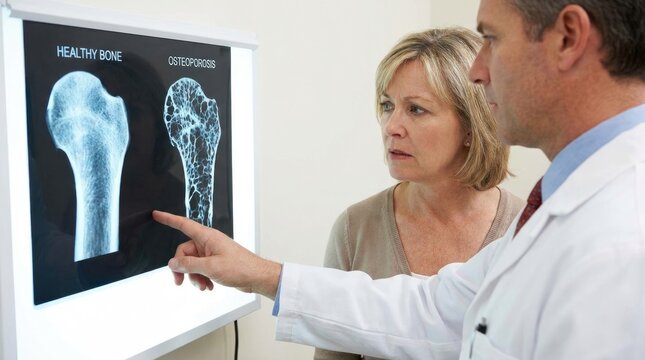 Clinical doctor reveal: osteoporosis diagnosis, bone health, patient concern, medical consult, skeletal structure, degenerative condition, future treatment, expert advice.