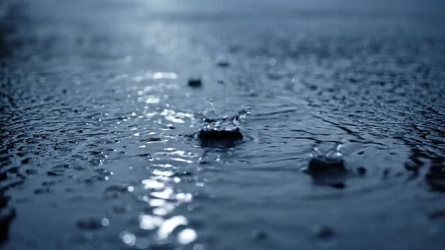 Raindrops creating ripples on a dark, wet surface, reflecting faint light.