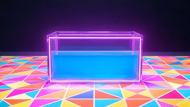 Neonlit glass tank on colorful floor
