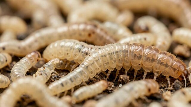 A close-up view of a swarm of tiny bugs on dirt.