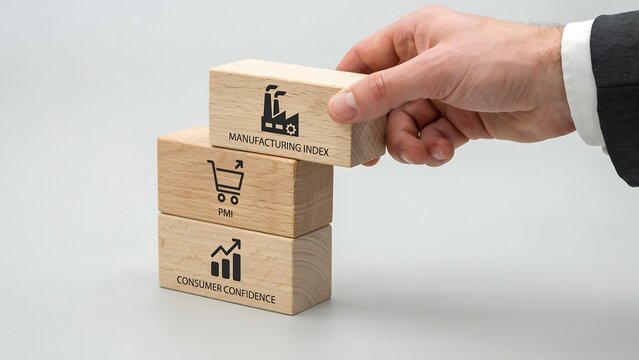 Hand holding wooden blocks with economic indicators