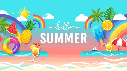 Obraz premium Hello Summer Tropical Beach Scene with Rainbows, Palm Trees, and Refreshing Drinks