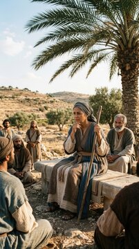 Divine Israelite judge: Deborah deliver, wisdom share, people listen, ancient time, desert gather, sacred counsel, heroine instruct, prophetess speak, spiritual guide, woman lead.