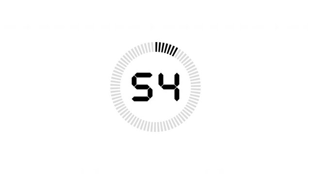 Simple 60 second countdown timer with digital numbers and circular progress bar designed for transparent alpha channel overlays in video editing and motion graphics